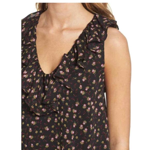 Rebecca Minkoff Floral Blouse Womens Small Black Sleeveless VNeck Ruffle Relaxed - Picture 9 of 9